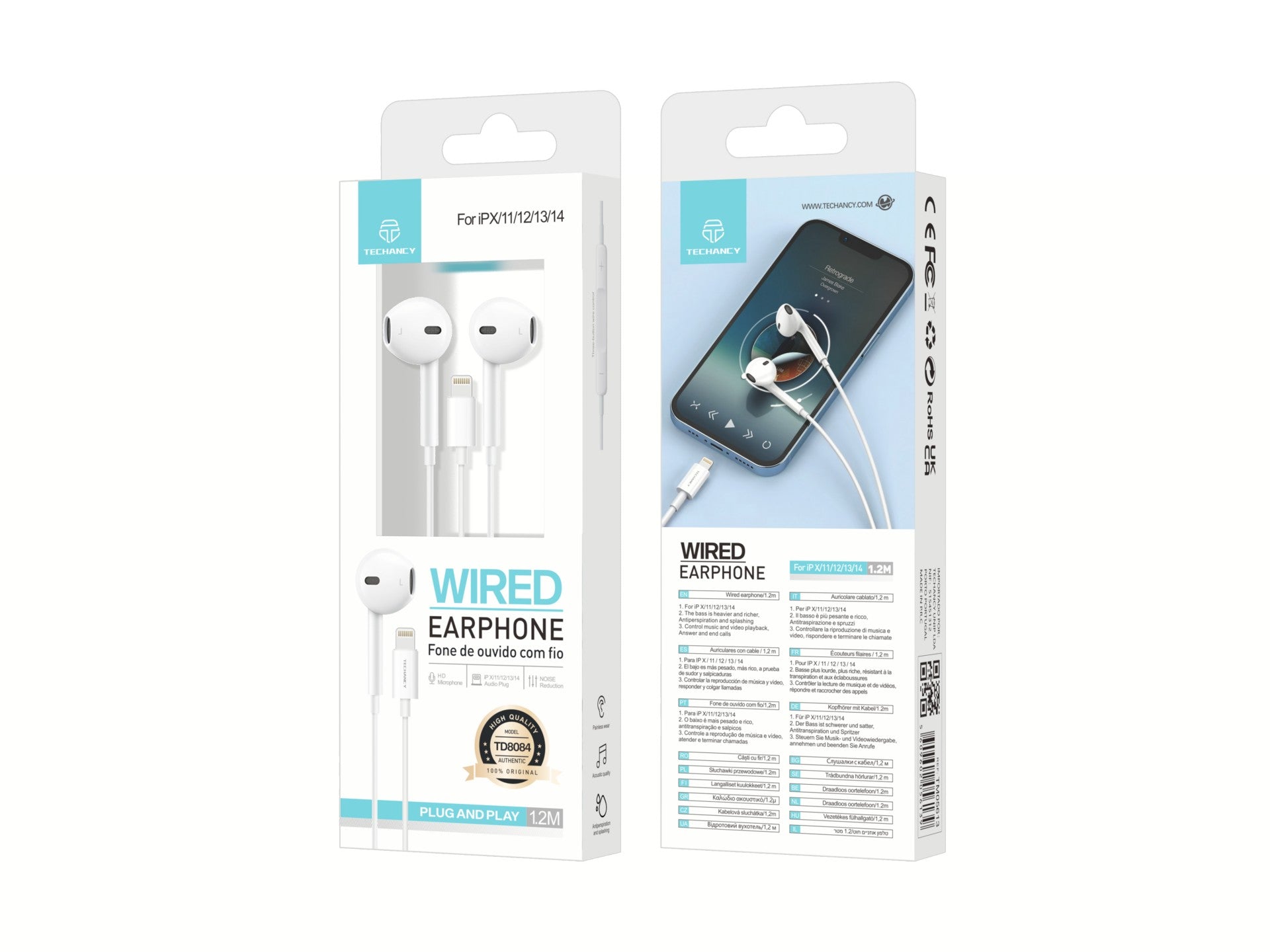 Techancy Wired Earphones TD8084, Plug And Play, Compatible With Ip8/X/11-14, 1.2 Meters, Stereo, Voice Calls