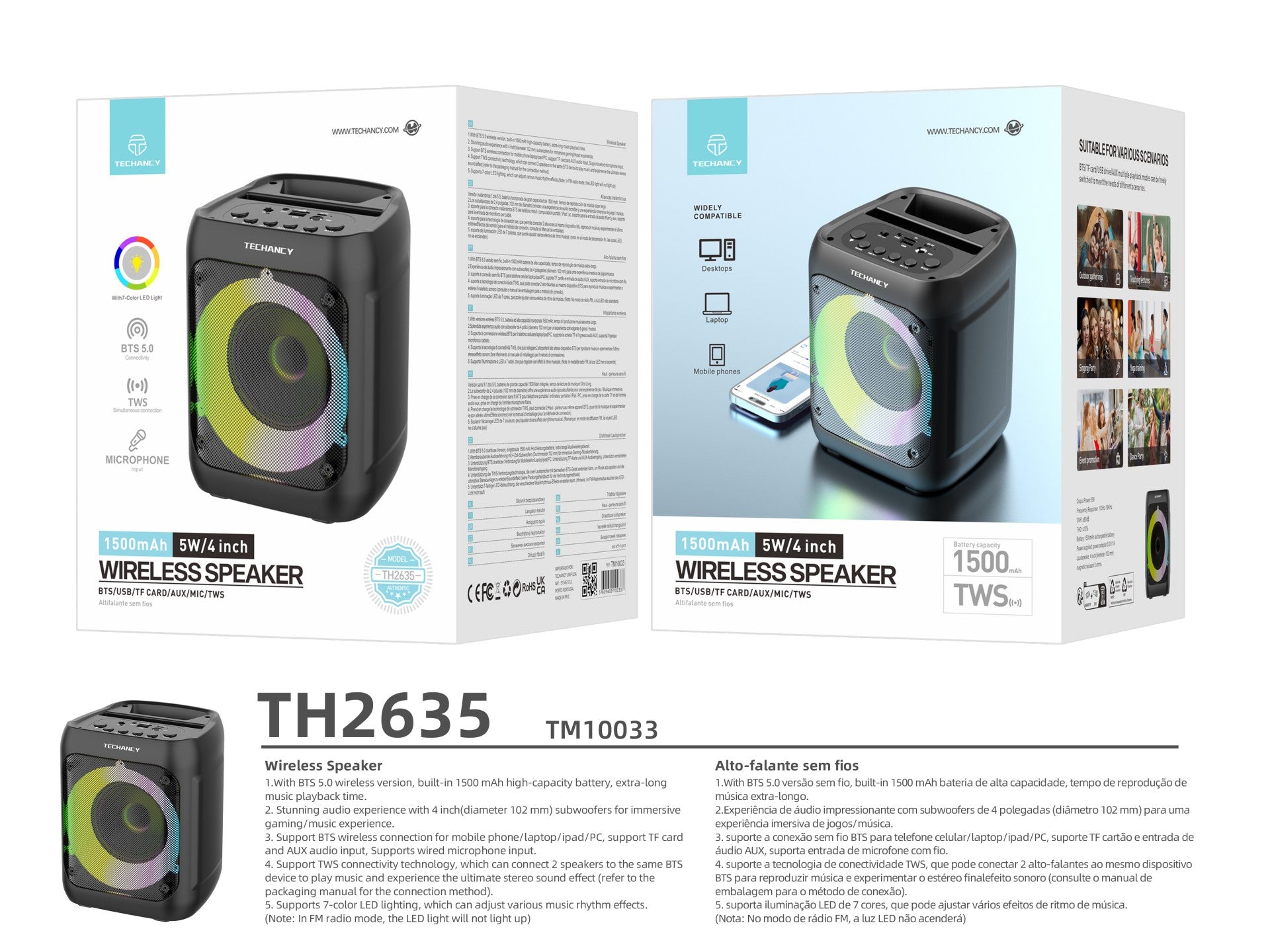 Techancy Altifalante Bluetooth Sem Fios  TH2635, 5 W/4 Polegadas, Som Estéreo Tws, Ritmo De Luz Led, Entrada De Microfone