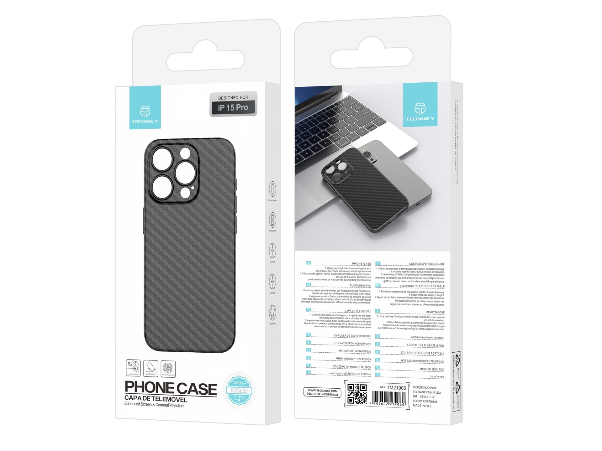 Techancy Ultra-Thin Carbon Fiber Phone Case KX5603, Compatible With iPhone 15 Pro, 0.5mm PP Material.