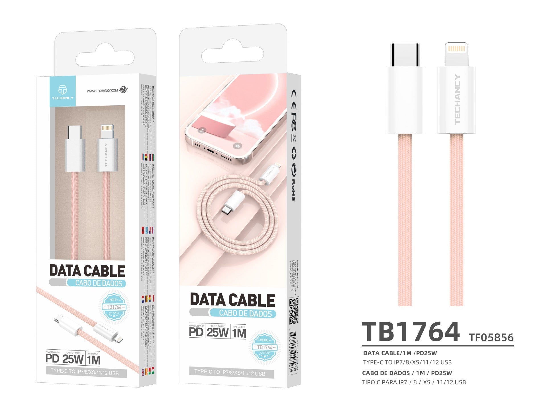 Techancy PD-iPXS/11-14 25 W data cable, TB1764, 1 m, pink