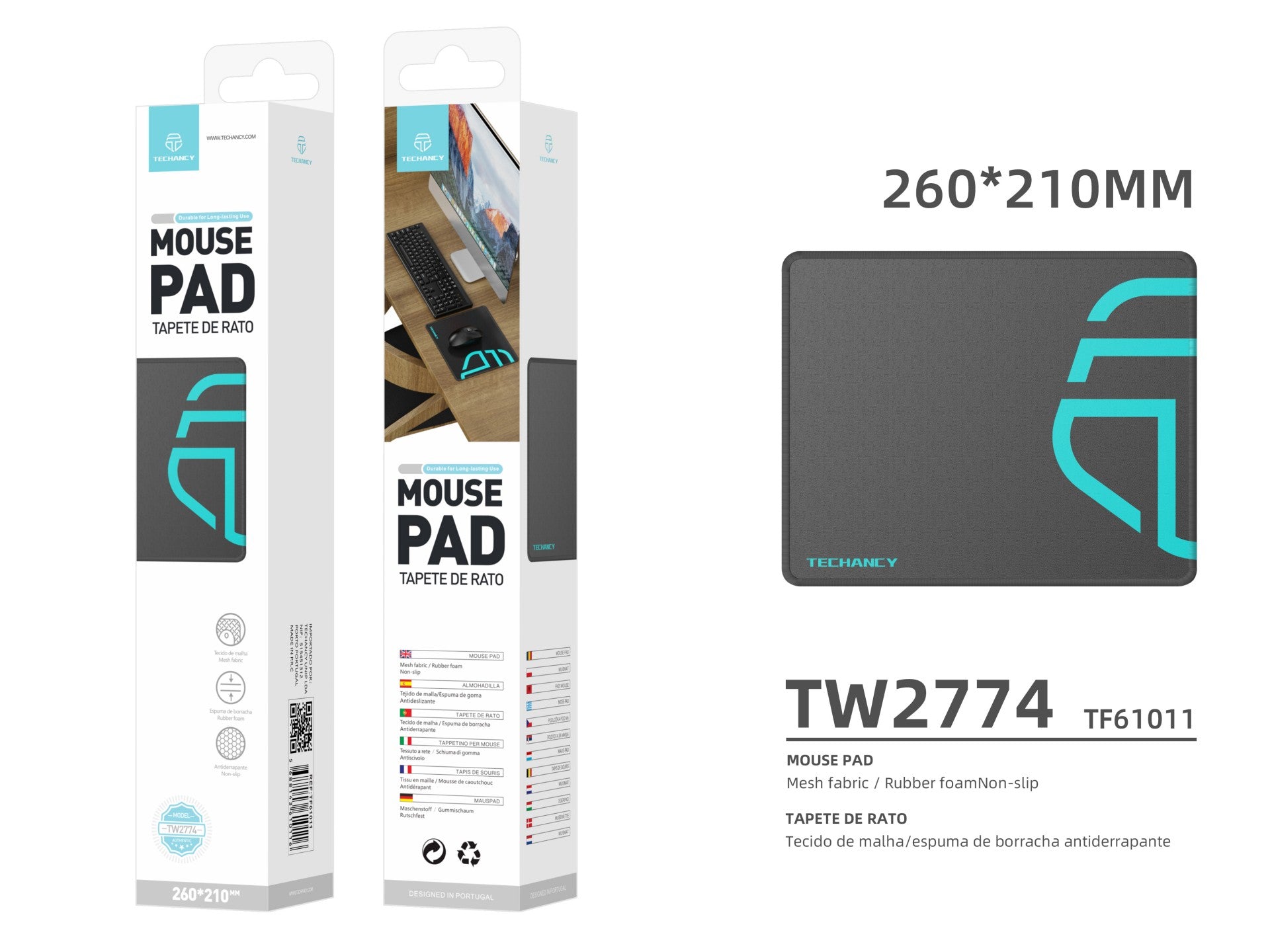 Techancy 21*26 cm mouse pad, TW2774, non-slip rubber, suitable for PC gaming, black