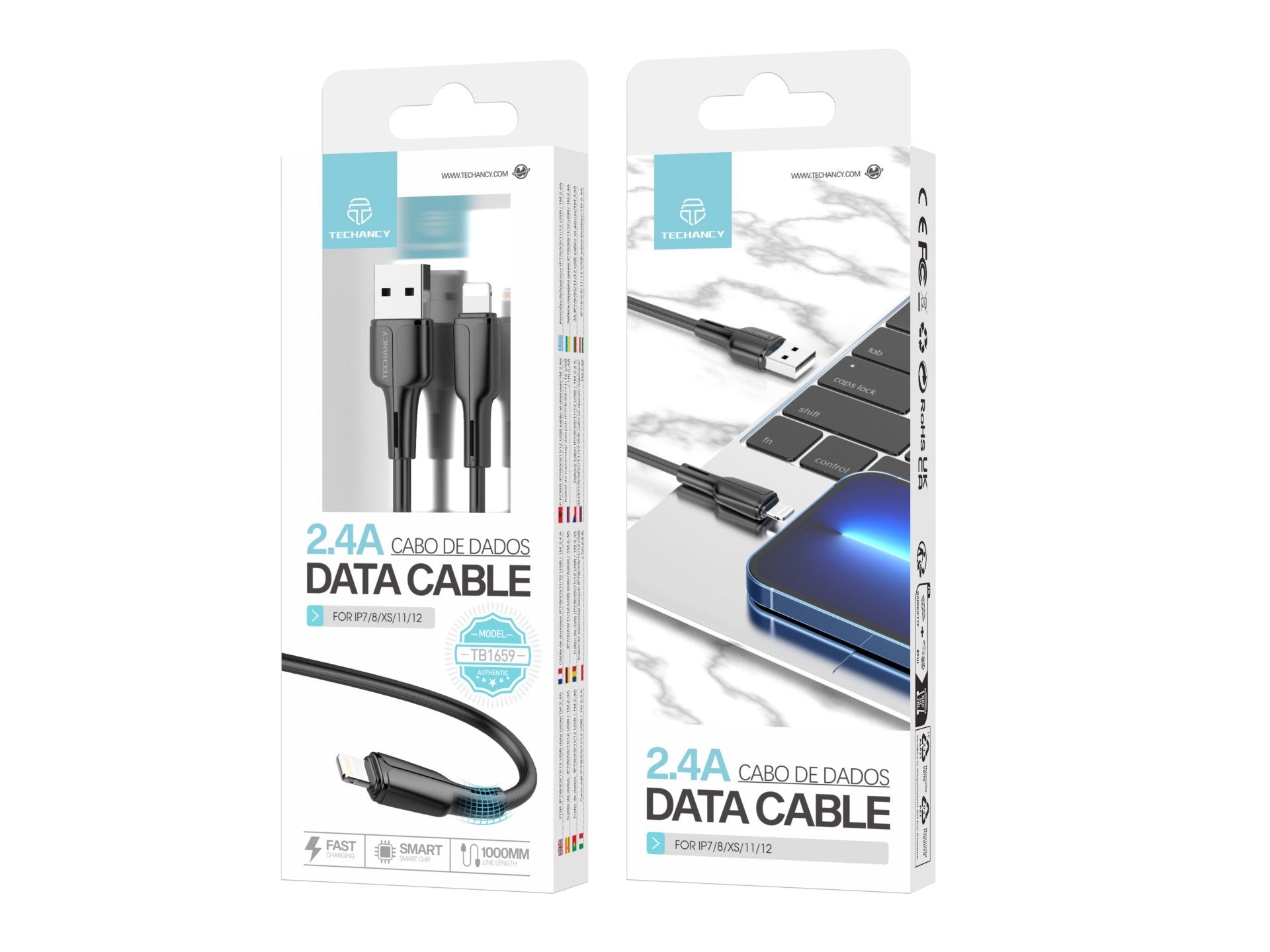 Techancy USB-Lightning Data Cable Black 1m TB1659, Fast Charging 2.4a, Supports Data Transfer, PVC Material