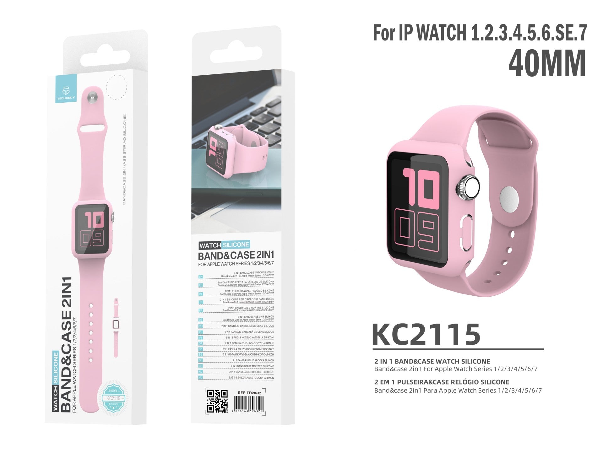 Techancy silicone watch strap, KC2115, with screen protector, compatible with Apple Watch 40mm, pink