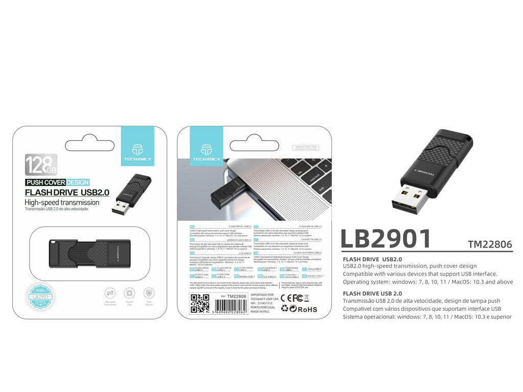 Techancy USB Flash Drive 128GB Black LB2901, USB 2.0, Compatible with PC/Mobile/Mac, Secure File Storage