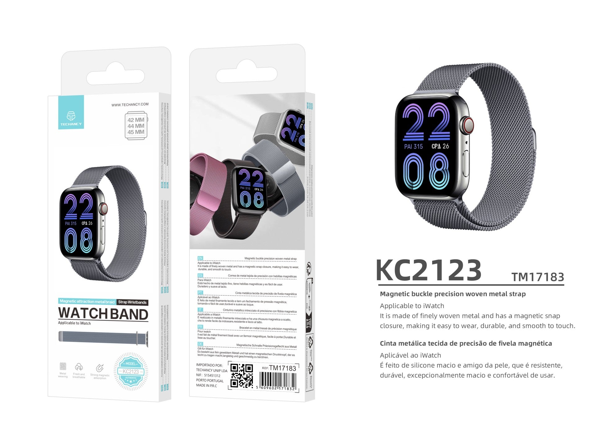 Techancy Grey Magnetic Metal Strap KC2123, Replacement Strap, Compatible With Apple Watch Series: 42mm/44mm/45mm,