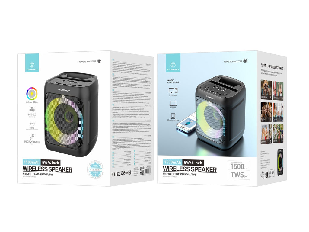 Techancy Altifalante Bluetooth Sem Fios  TH2635, 5 W/4 Polegadas, Som Estéreo Tws, Ritmo De Luz Led, Entrada De Microfone