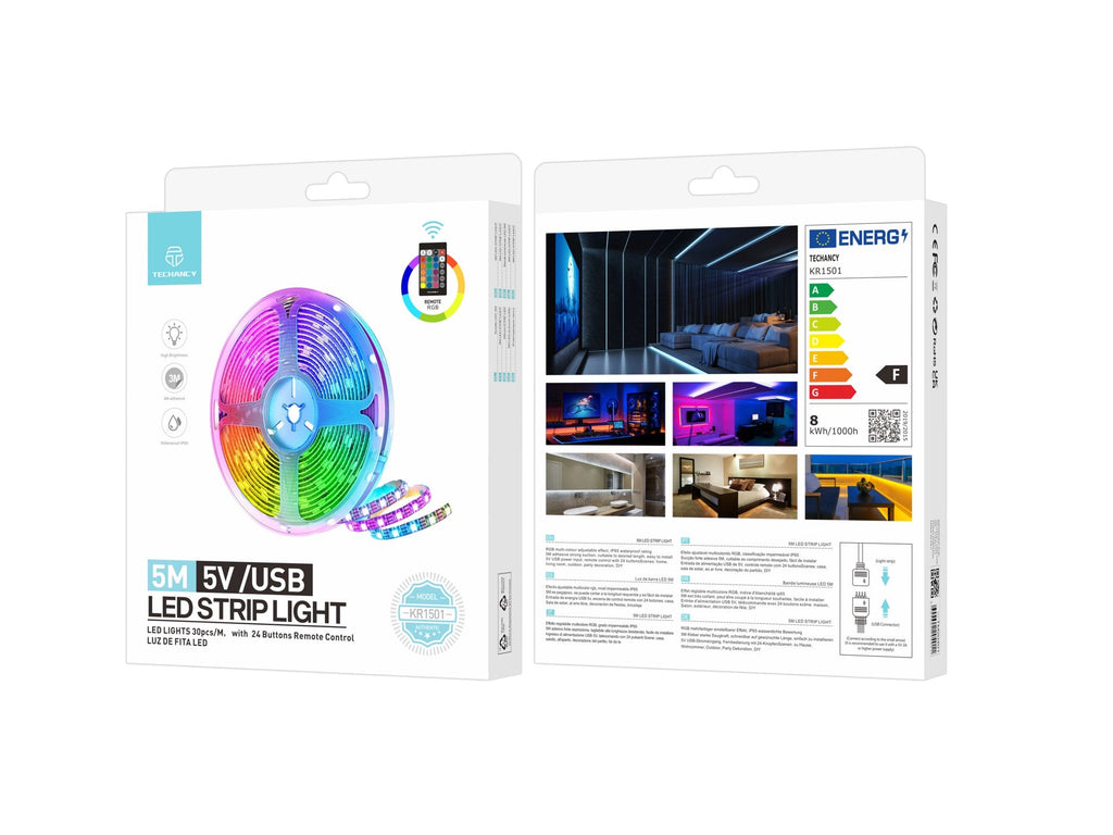 Techancy Led Strip 5m KR1501, 5v/Usb Power Supply With Wireless Control, RGB Multicolor Effect, Ip65 Waterproof