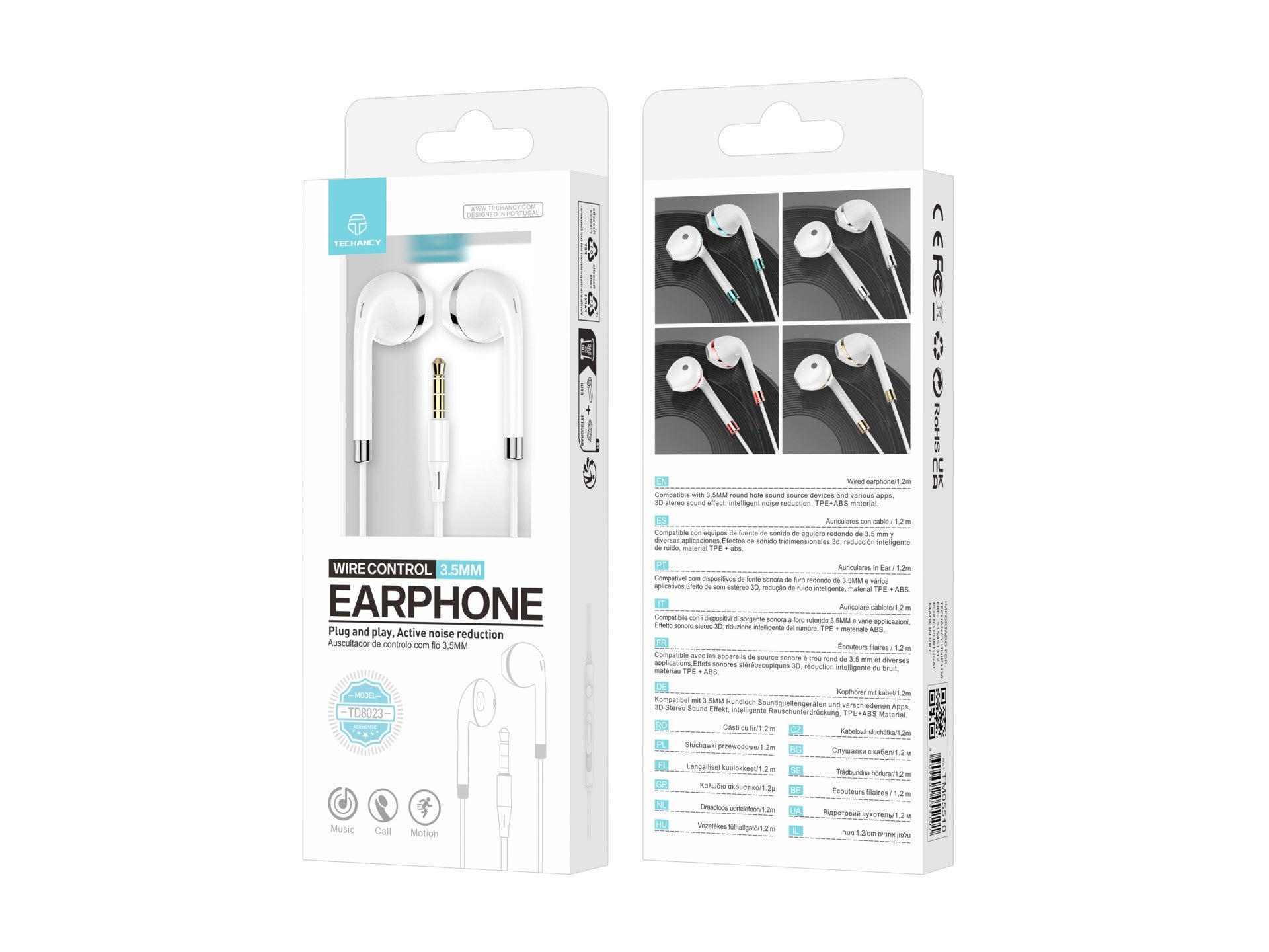 Techancy Wired Earphones TD8023, 3.5mm Jack, In-line Control, HD Microphone, 1.2m Cable