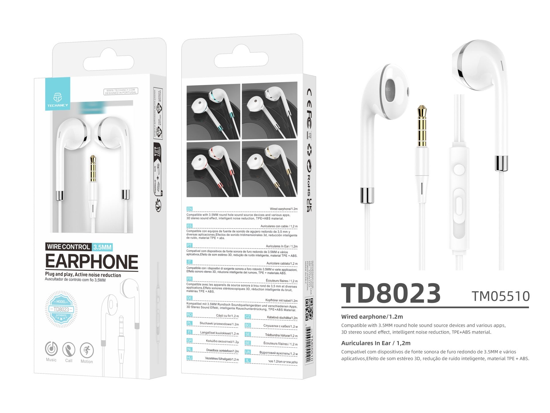 Techancy Wired Earphones TD8023, 3.5mm Jack, In-line Control, HD Microphone, 1.2m Cable