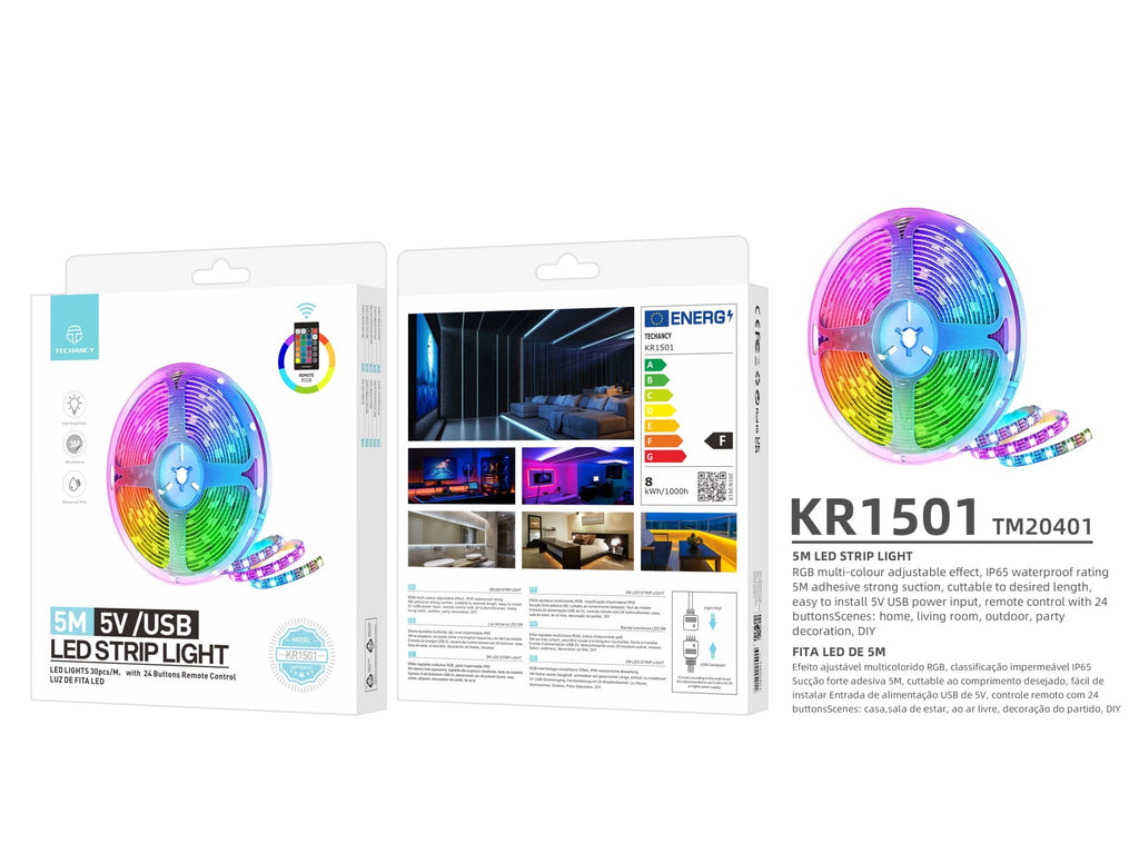 Techancy Led Strip 5m KR1501, 5v/Usb Power Supply With Wireless Control, RGB Multicolor Effect, Ip65 Waterproof