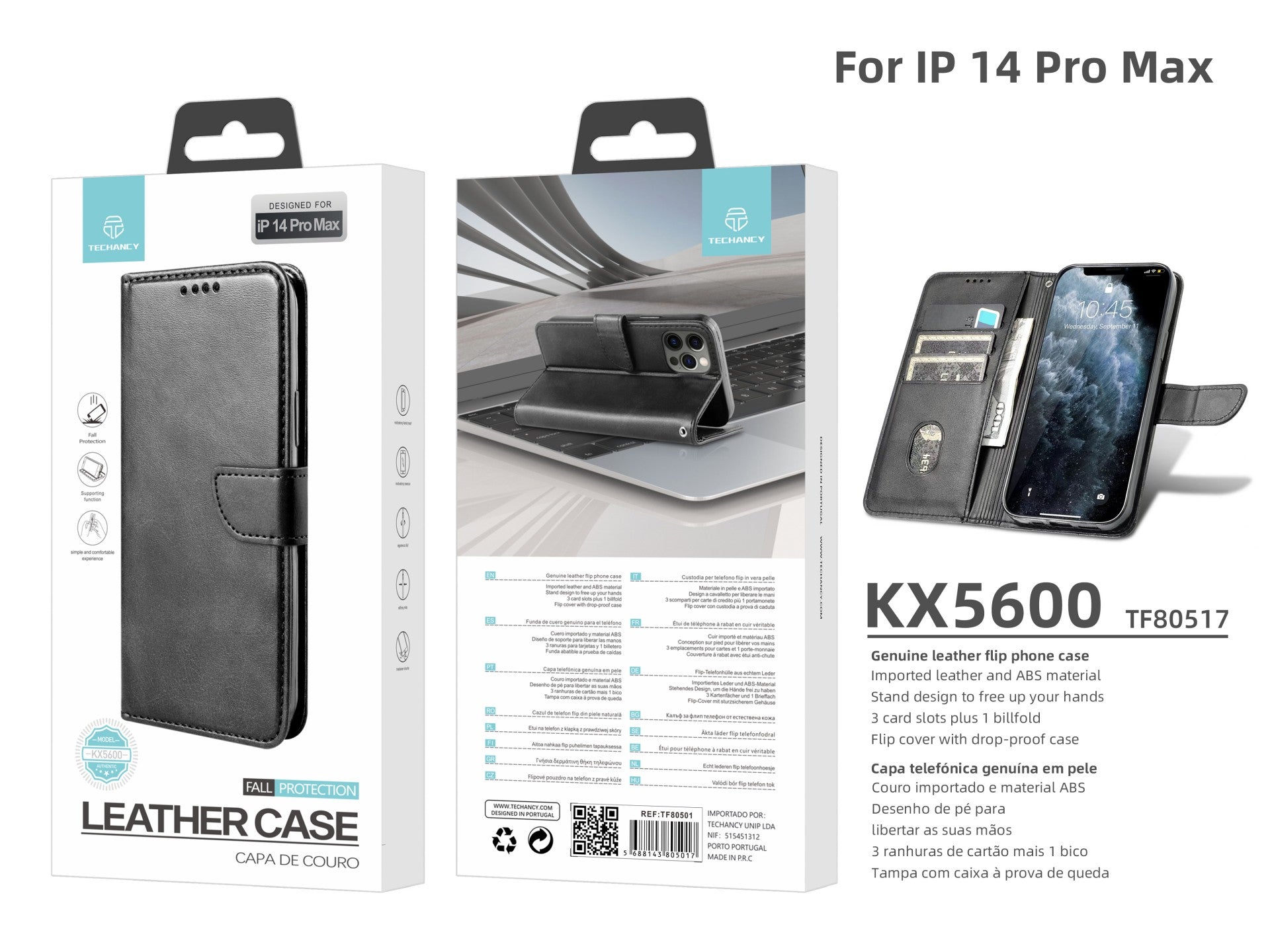 Leather Flip Phone Case with 3 Card Slots, KX5600, Stand Function and Drop Protection, Compatible with iPhone 14 Pro Max, Black