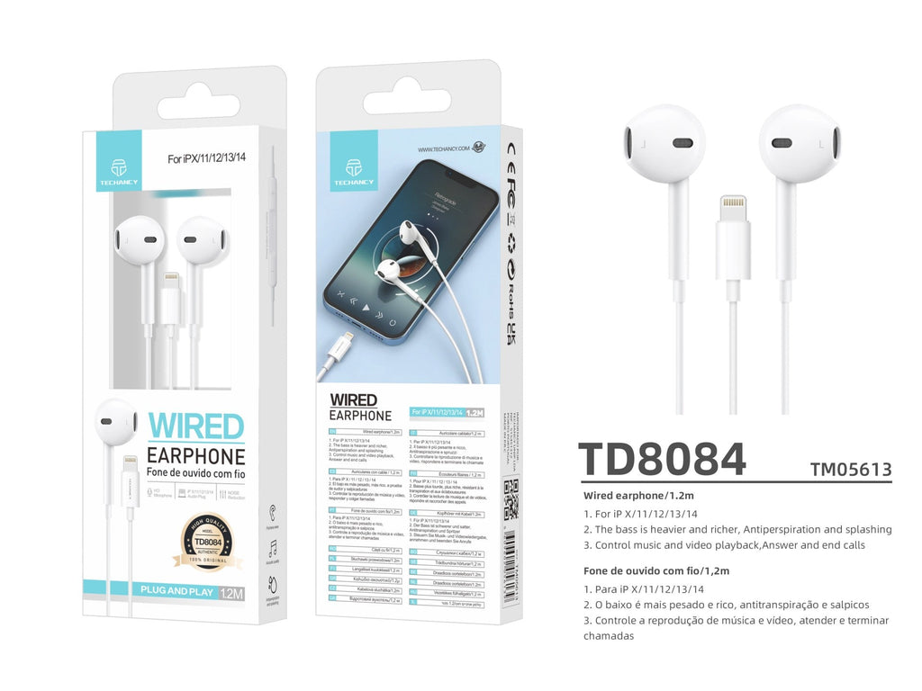 Techancy Wired Earphones TD8084, Plug And Play, Compatible With Ip8/X/11-14, 1.2 Meters, Stereo, Voice Calls