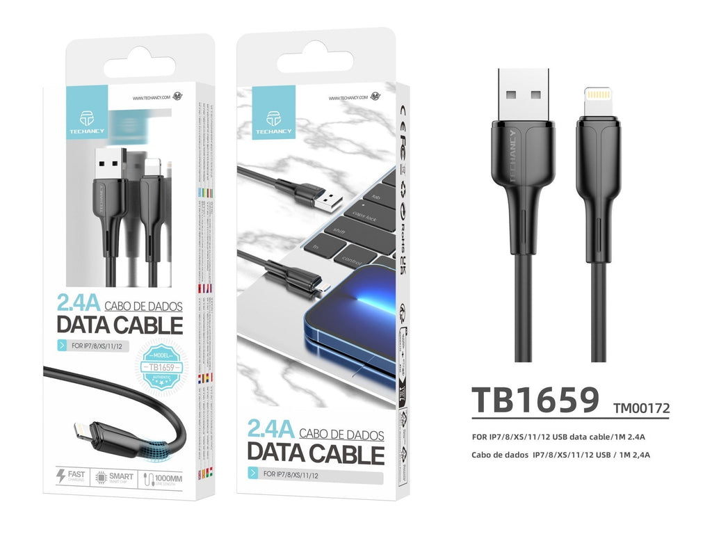 Techancy USB-Lightning Data Cable Black 1m TB1659, Fast Charging 2.4a, Supports Data Transfer, PVC Material
