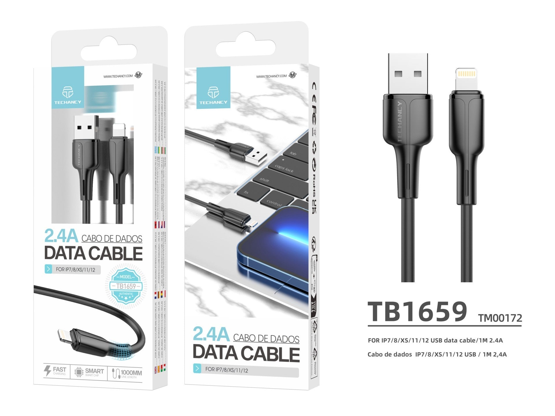 Techancy USB-Lightning Data Cable Black 1m TB1659, Fast Charging 2.4a, Supports Data Transfer, PVC Material
