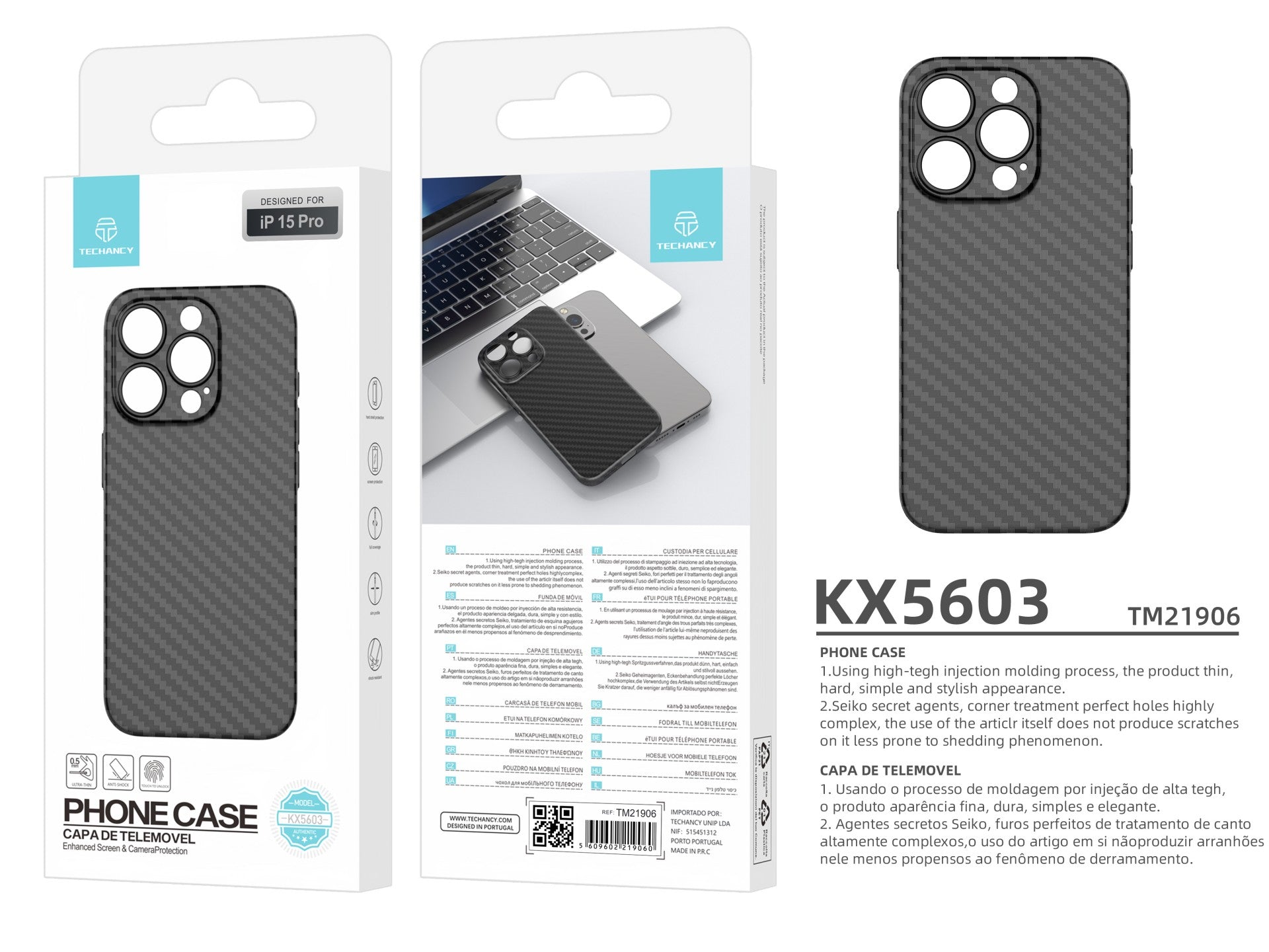 Techancy Ultra-Thin Carbon Fiber Phone Case KX5603, Compatible With iPhone 15 Pro, 0.5mm PP Material.